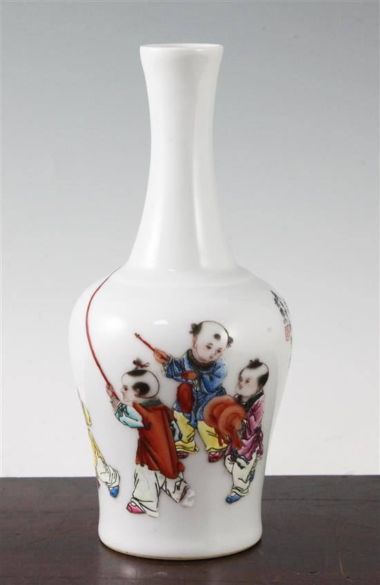 A Chinese famille rose boys bottle vase, late 20th century, 21.5cm